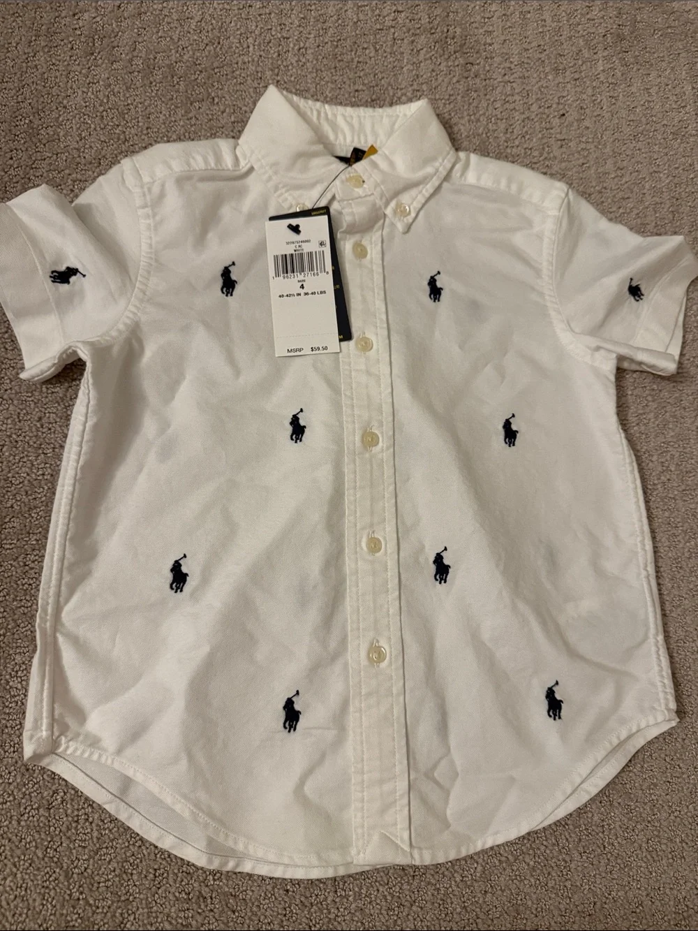 Ralph Lauren White Short-Sleeve Button-Down with Navy Pony Motif